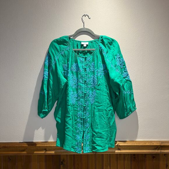 J Jill Embroiderd Green Blouse Linen Blend Sz M Boho Artsy Peasant Casual - Picture 1 of 6